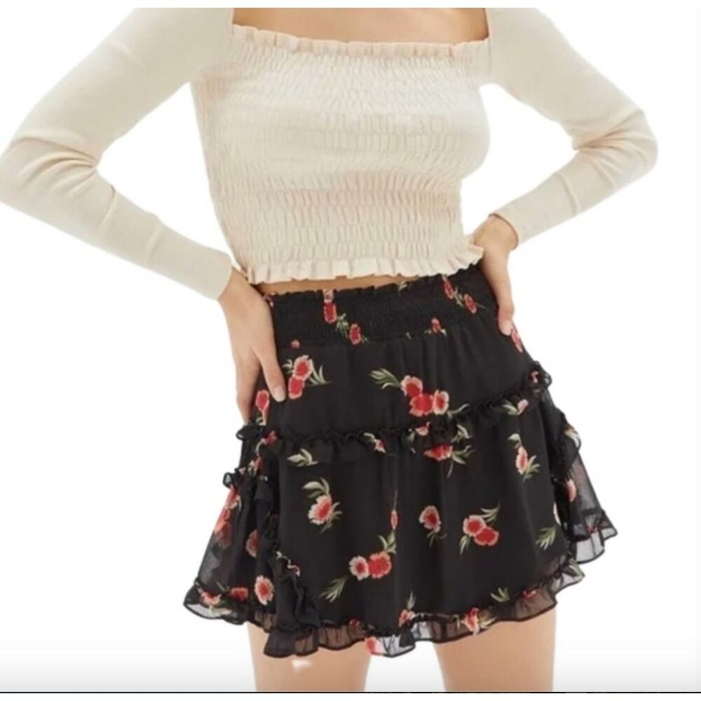 Urban Outfitters black ruffle red floral mini skirt